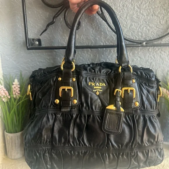 PRADA Ruched Gaufre Leather Top Handle Bag Crossbody Handbag Buttery Soft - Picture 15 of 17